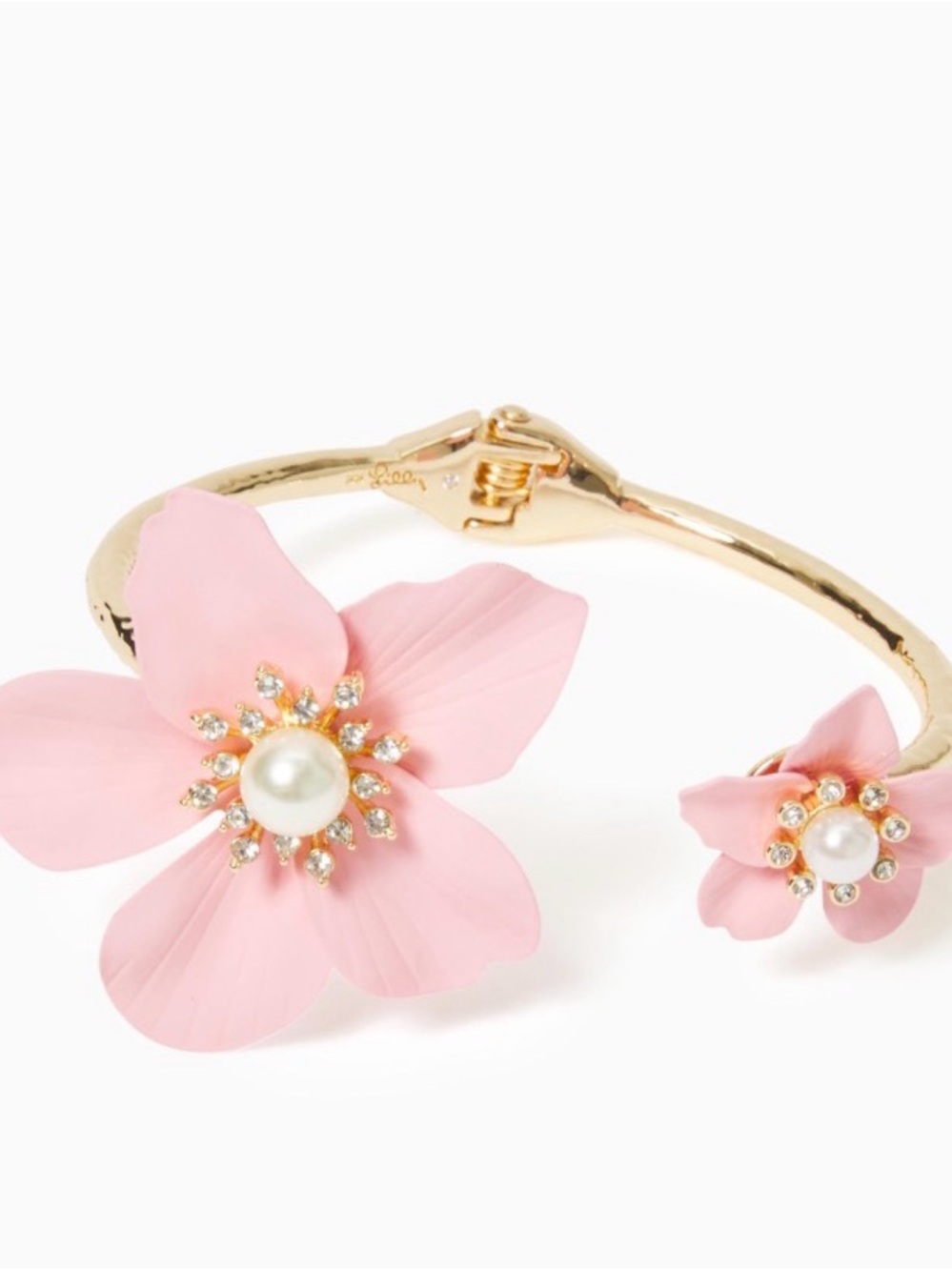Pink Floral Pearl Gold-Tone Open Bangle Bracelet